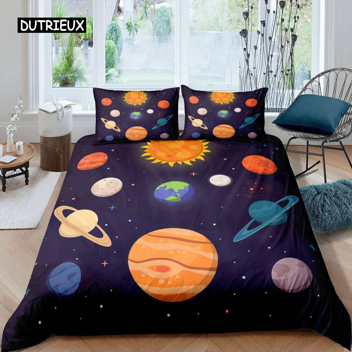 Sol System Täcke Set Twin King Mikrofiber Yttre Rymden Galax Sängkläder Set Universum Planet Astronomi King Size Täcke AU Queen(210x210cm)