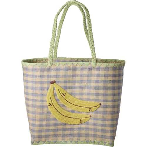 Rice Raffia Bag - Banana Embroidery - Blue - Large