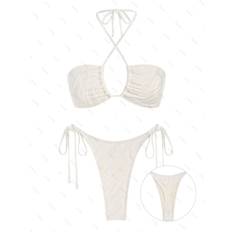 ZAFUL Damen-Bikini-Set, Sexy, Einfarbig, Strukturiert, Überkreuzt, Neckholder, Seitlich Gebunden, Tanga, String-Bikini-Set, Passende Zweiteilige Badebekleidung Set