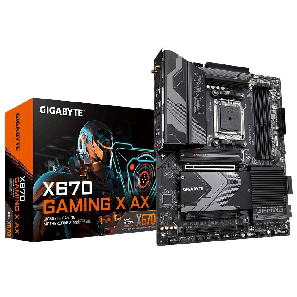 Gigabyte X670 GAMING X AX 1.0 M/B Processorfamilie AMD, Processor socket AM5, DDR5 DIMM, Hukommelsespladser 4, Understøttede harddisk-interfaces SATA,.