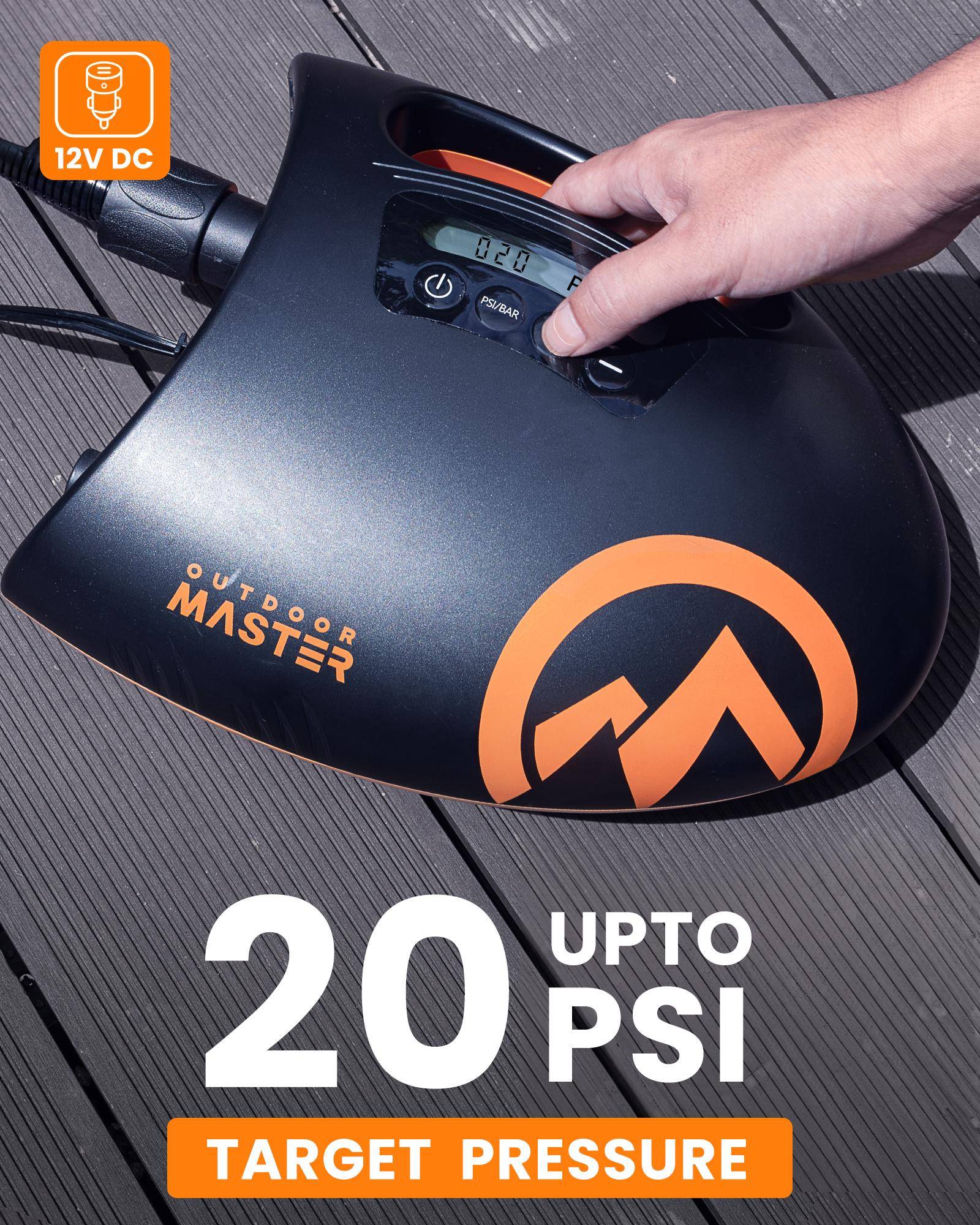 OutdoorMaster Shark 2 Digital Bil-driven SUP-pump - 12V DC Kabelbunden Elektrisk Uppblåsare för Stand up Paddleboard svart