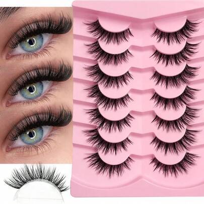 7 par cat eye-ögonfransar, skapa fängslande makeup, falska minkfransar, stripögonfransar för makeup, lösa ögonfransar, falska ögonfransar - Svart