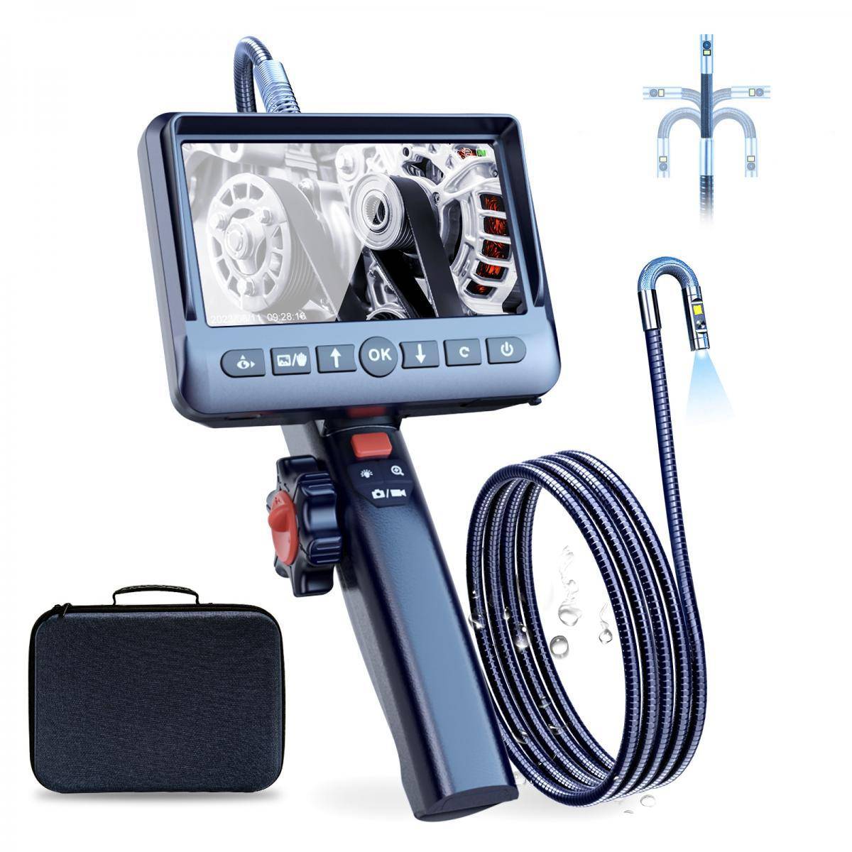 KENTFAITH Kentfaith Dual-Lens Articulating Endoscope, 5'' Split Screen Borescope Camera with 0.33in/8.5mm Two- Way Articulated Snake Camera,Inspection Camera with Light for Automotive Home Mechanics-3.3FT