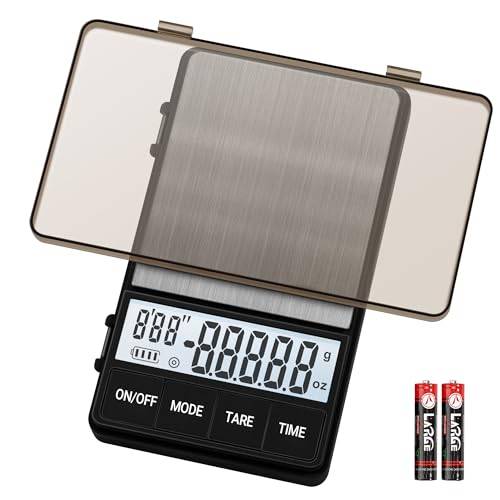 UNIWEIGH Digital mini kaffevåg med timer, espressomåg 1 000 g / 0,1 g exakt fickskala för häll-över kaffe, bärbar köksvågar gram med LCD-skärm, batterier ingår, svart