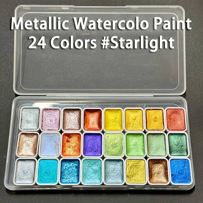 Metallic Pearlescent 24 Colors Solid Watercolor Paint Set, Shimmer Glitter Starlight Colors, Professional Art Supplies For Painting, Writing, Art Supplies As Gifts For Adults And Artists In Christmas