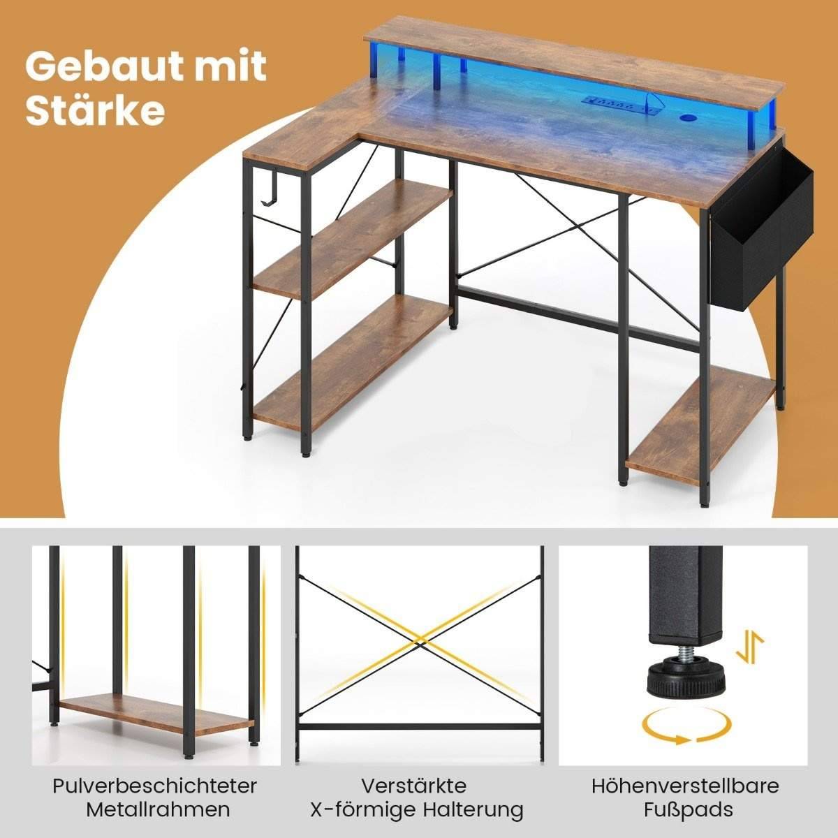 L-formet skrivebord med strømudtag & LED-belysning Gaming Computer Skrivebord Rustik Brun