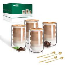 Latte macchiato-glas, dubbelväggiga, 400 ml, 4-pack med 4 skedar, dubbelväggiga kaffeglas, cappuccinokoppar, spiralformade espressomuggar, termoglas, teglas av borosilikatglas