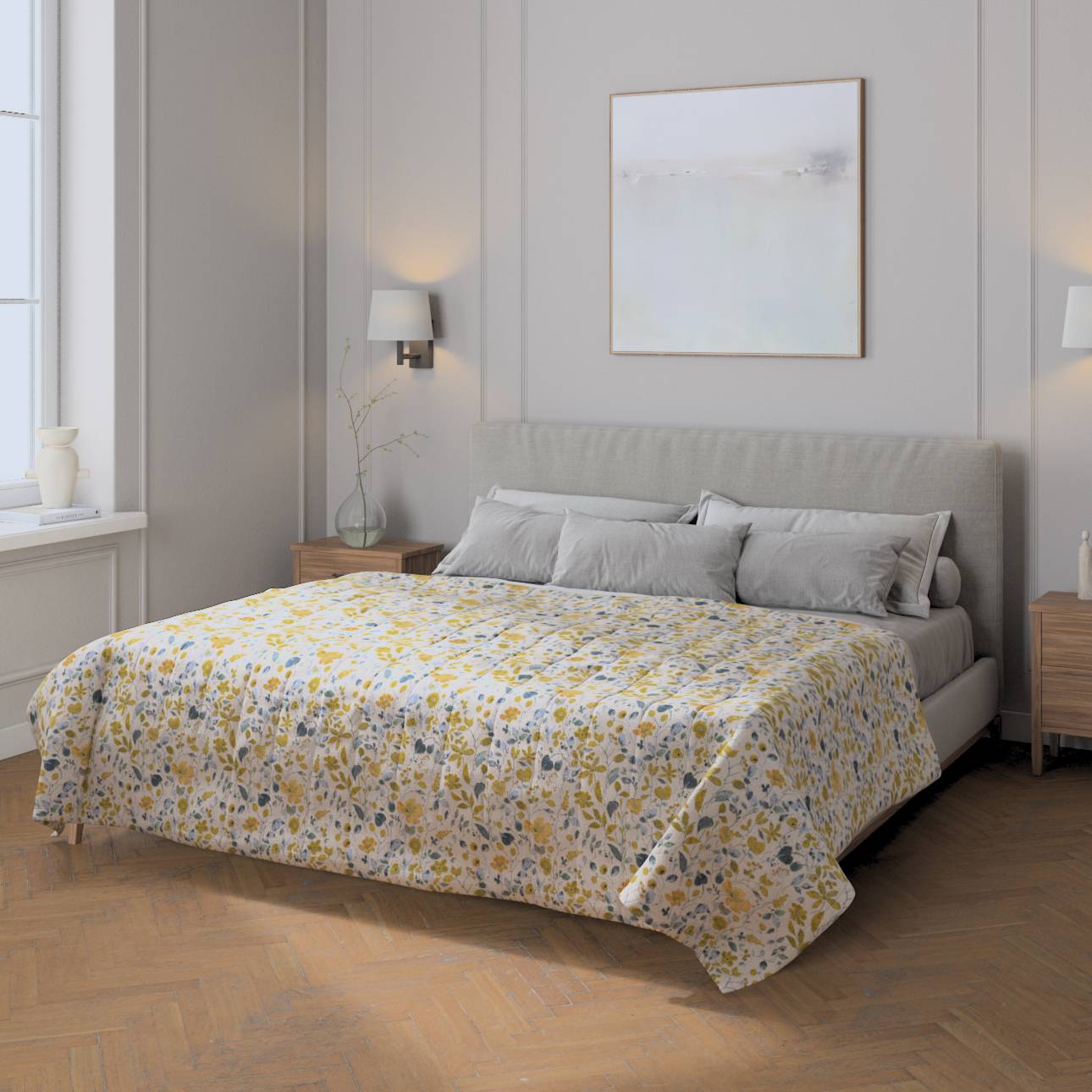 Sengetæppe quiltet<br/>10cm striber, Boucle naturhvid, terracotta, gul og grøn, Cosy Home