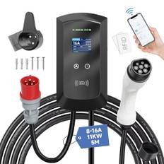 Afyeev EV Laddare CEE 11 kW, 3-fas 5 m, 8-16 A EV-laddare typ 2, mobil laddningsstation/wallbox laddningskabel typ 2 med digital LCD-kontroll för ID.3/4/5, e-up, e-up, tron, modell Y/3