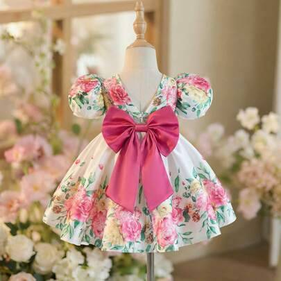Elegant blomstermönstrad klänning med rosett för babyflicka - Vitt (6-9M,9-12M,12-18M,18-24M,2-3Y)