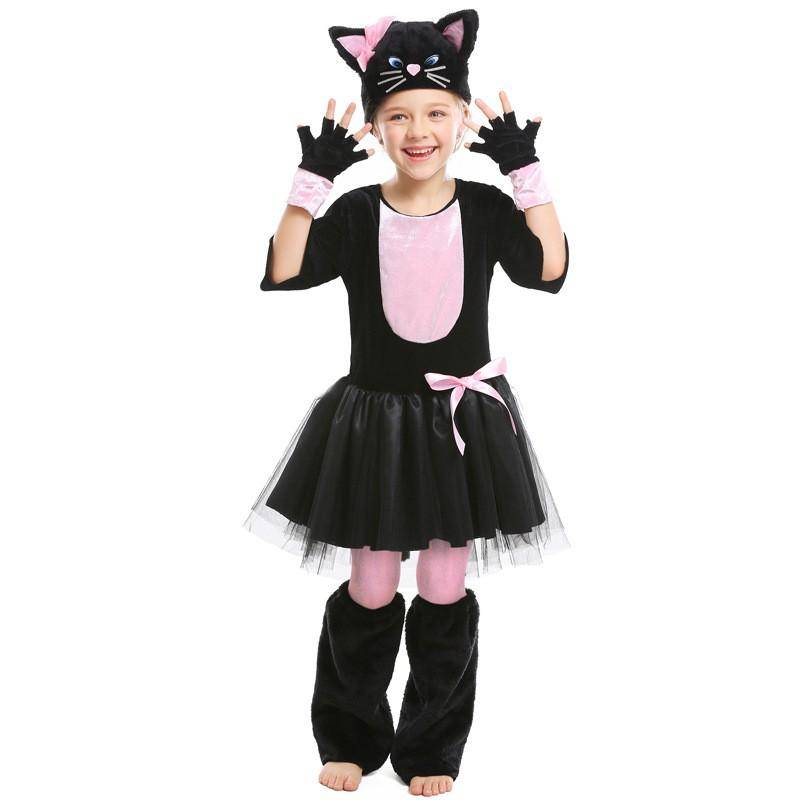 Svart Kattdräkt Flickor Med Ros Tyll Söt Halloween Cosplay Outfit Barn Uppträdande Dans cm svart