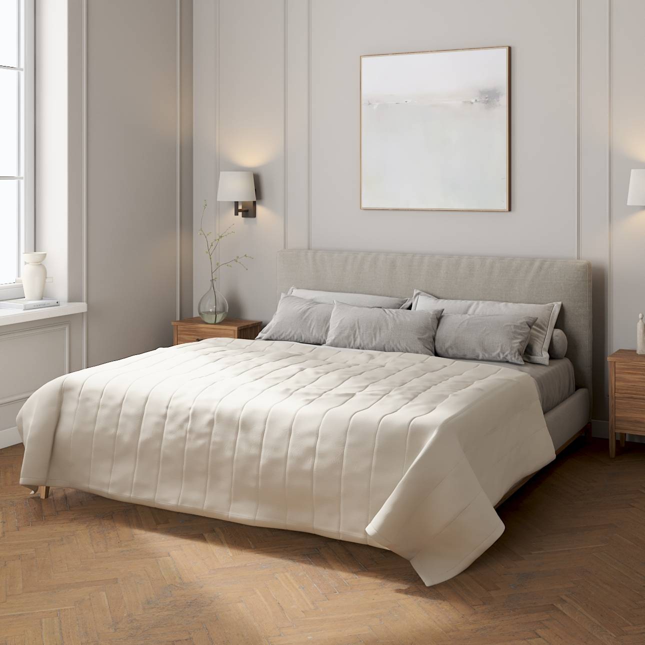 Sengetæppe quiltet<br/>10cm striber, Lysegrå, Cotton Panama