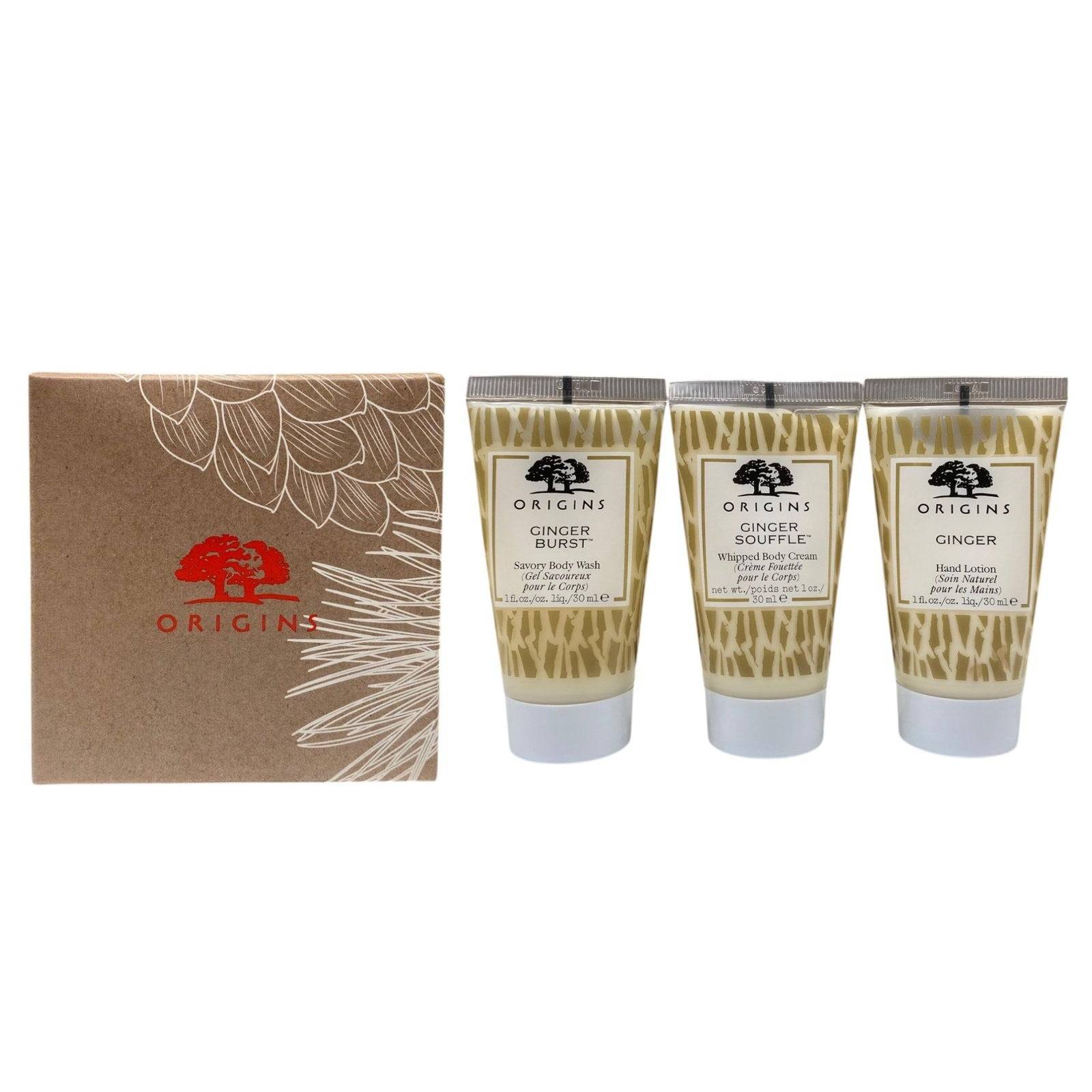 Gave sæt Origins: Origins Body Cleanser 30 ml + Ginger Nourishing Hand Lotion 30 ml + Ginger Soufflé Nourishing Body Cream 30 ml