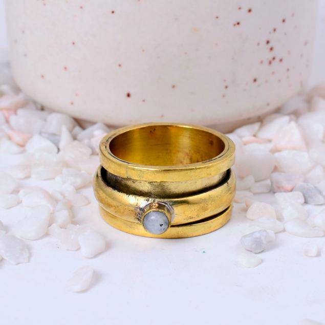 Natural Moonstone Brass Fidget Ring, Detailed Handcrafted Worry Ring, Stress Relief Jewelry, Wide Spinner Band silver