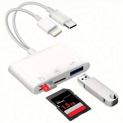 Snabbladdande SD-kortläsaradapter 1 st SD-kortläsare med Lightning + USB-C-gränssnitt, SD/TF/USB-kortläsaradapter kompatibel med iPhone 17 Pro Max/17 - Vitt (En-Storlek)
