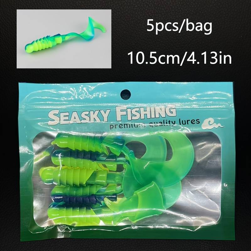 TEMU 5-pack Lure Bait, Large Wavy Tail Grub Soft Bait, 10.5cm/4.13in/7g, For Fish, Pale , Saltwater Fishing, Bionic Fish Lure, Fake Bait, Fish