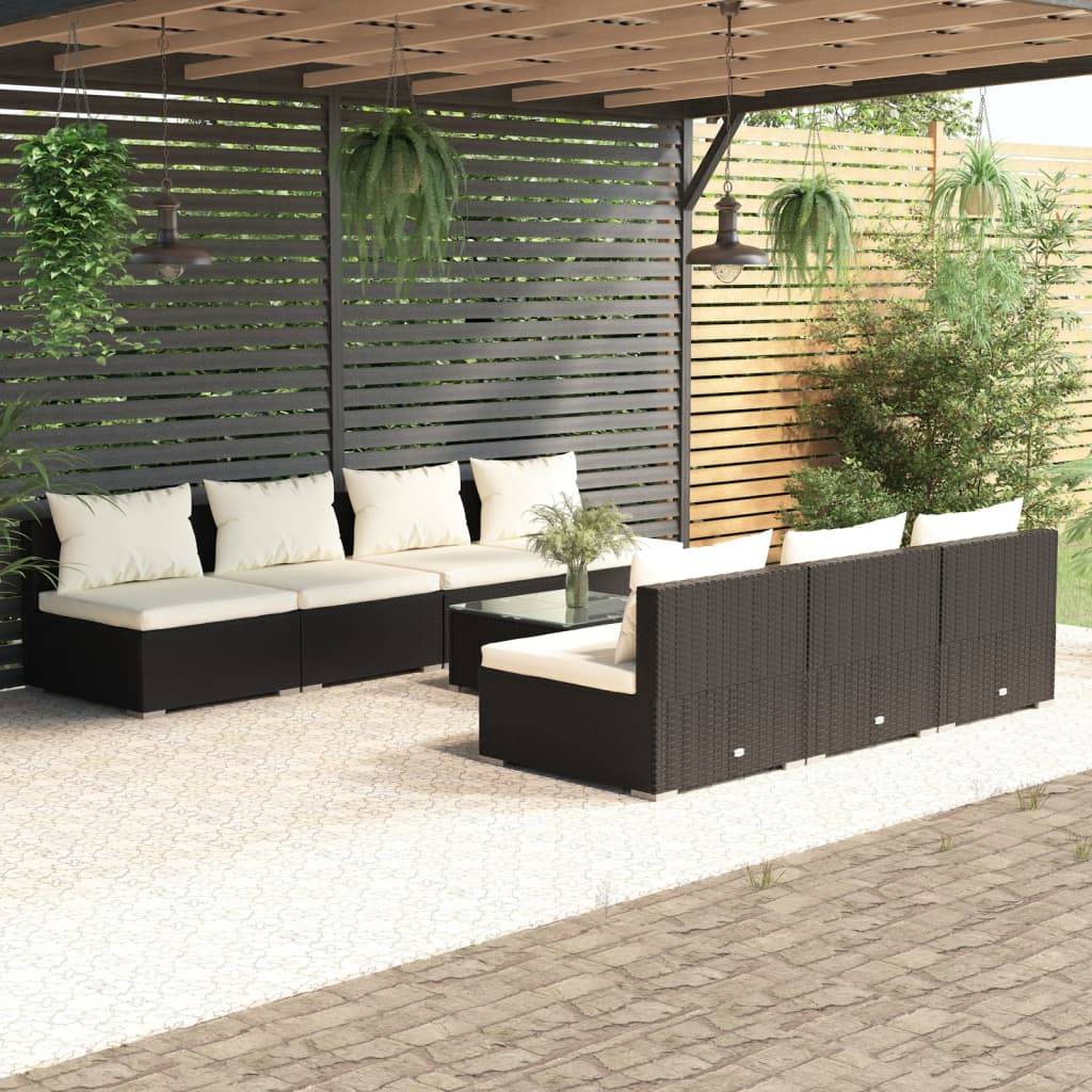 Loungesæt Til Haven 5 Dele Med Hynder Polyrattan Sort - Sort og cremefarvet / 7x midterdel bord