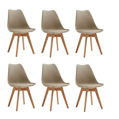 BenyLed Set med 6 moderna tulpan matsalsstolar med vadderad sits och bokträben, perfekt för matsal, kök, vardagsrum, sovrum, brun
