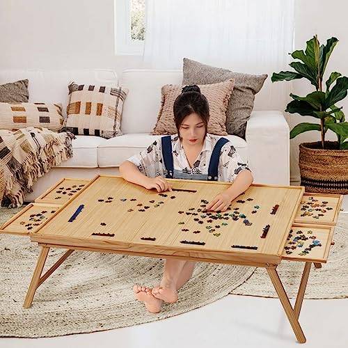 Bärbart pusselbord med vikbara ben, 2 000 stycken, träpussel med 4 lådor och lock, multifunktionellt fällbord för vuxna och barn