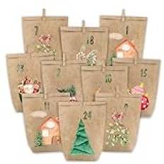 PANSIBY Adventskalender för fyllning, 24 julkalender papperspåsar för självfyllning, gåva kraftpapperspåsar adventspåsar i akvarell självfyllning, PASI-08SK-250