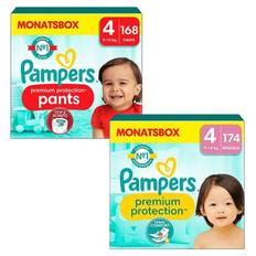 Pampers Bleesæt Premium Protection Pants, størrelse 4, 9-15 kg (168 bleer) og Premium Protection bleer, størrelse 4 Maxi, 9-14 kg (174 bleer)