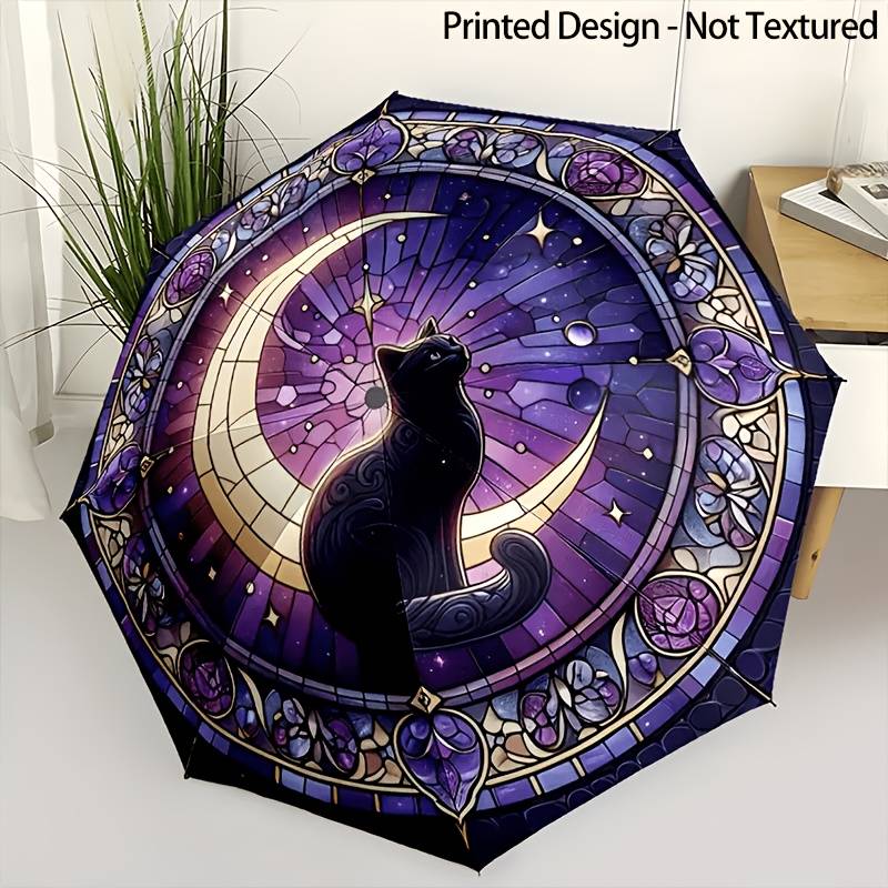 Printed Design - Not Textured, Black Cat Print Folding Umbrella, Outdoor, Leisure, And Travel Umbrella, Birthday And Holiday Gift.