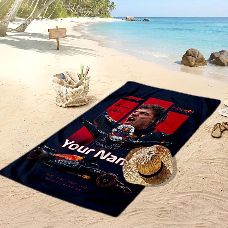 Max Verstappen Custom Beach Towel, Print Your Name Text Lightweight Absorbent Towel for Swimming Travel