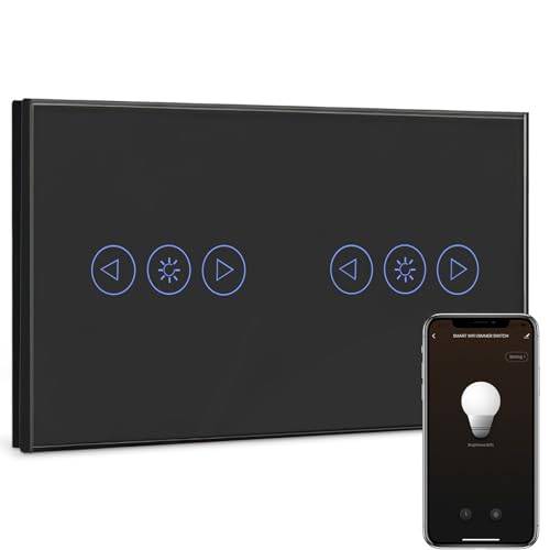 BSEED Smart dimmer strömbrytare dubbel 1 fack 1 väg wifi smart led dimmer strömbrytare fungerar med Alexa, touch väggströmbrytare glas pekskärm svart (neutral ledare krävs)