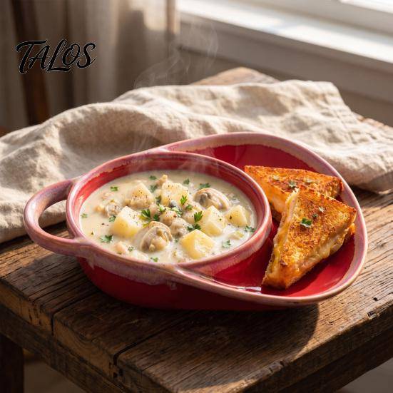 Integrated Handle Bowl Ceramic Soup with Handle, 2-in-1 Divided & Sandwich Plate, Versatile Dish Microwave Dishwasher Safe Breakfast Tray, Retro