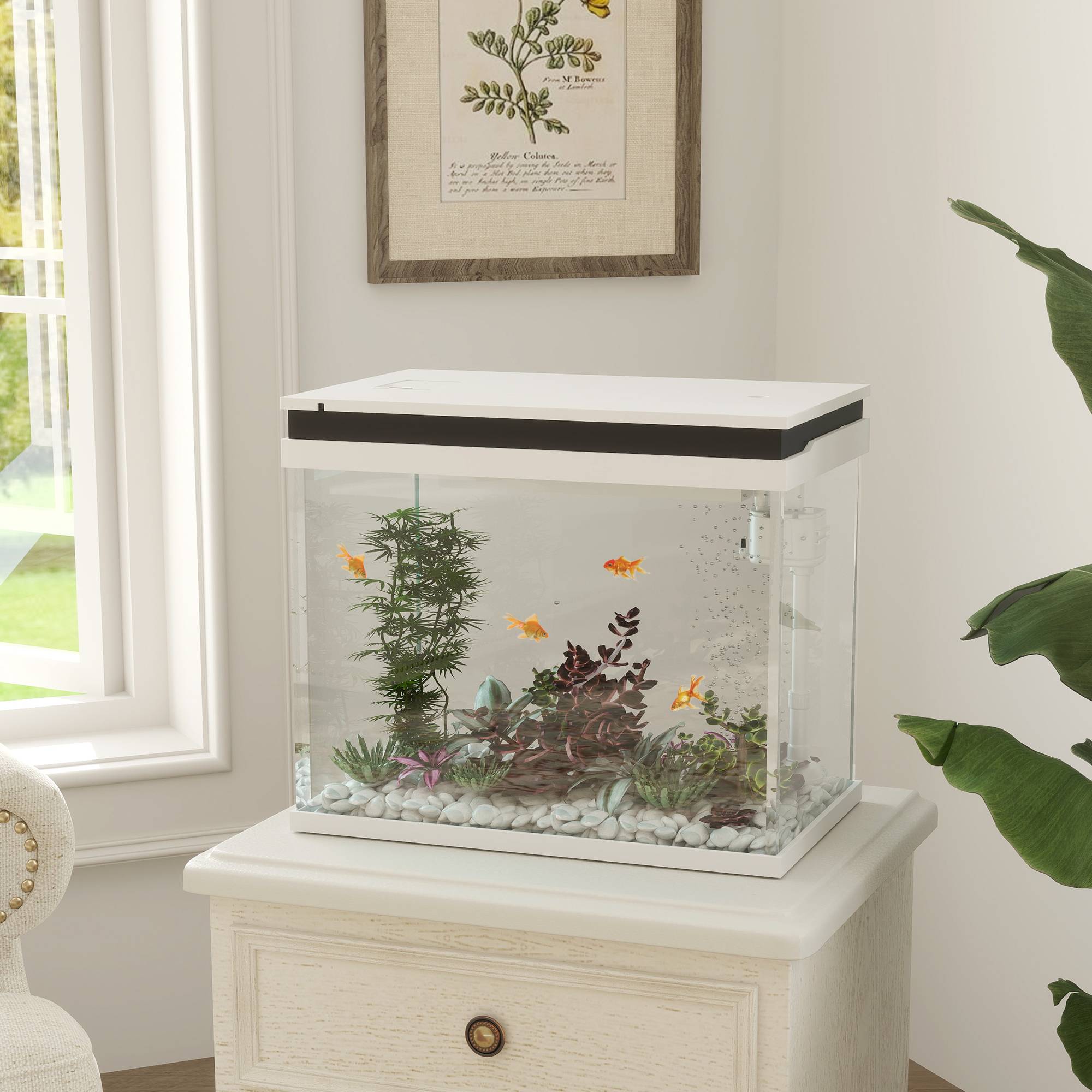 41 liters glasakvarium med filtersystem, LED-lys, vandpumpe, til forskellige fiskearter, hvid