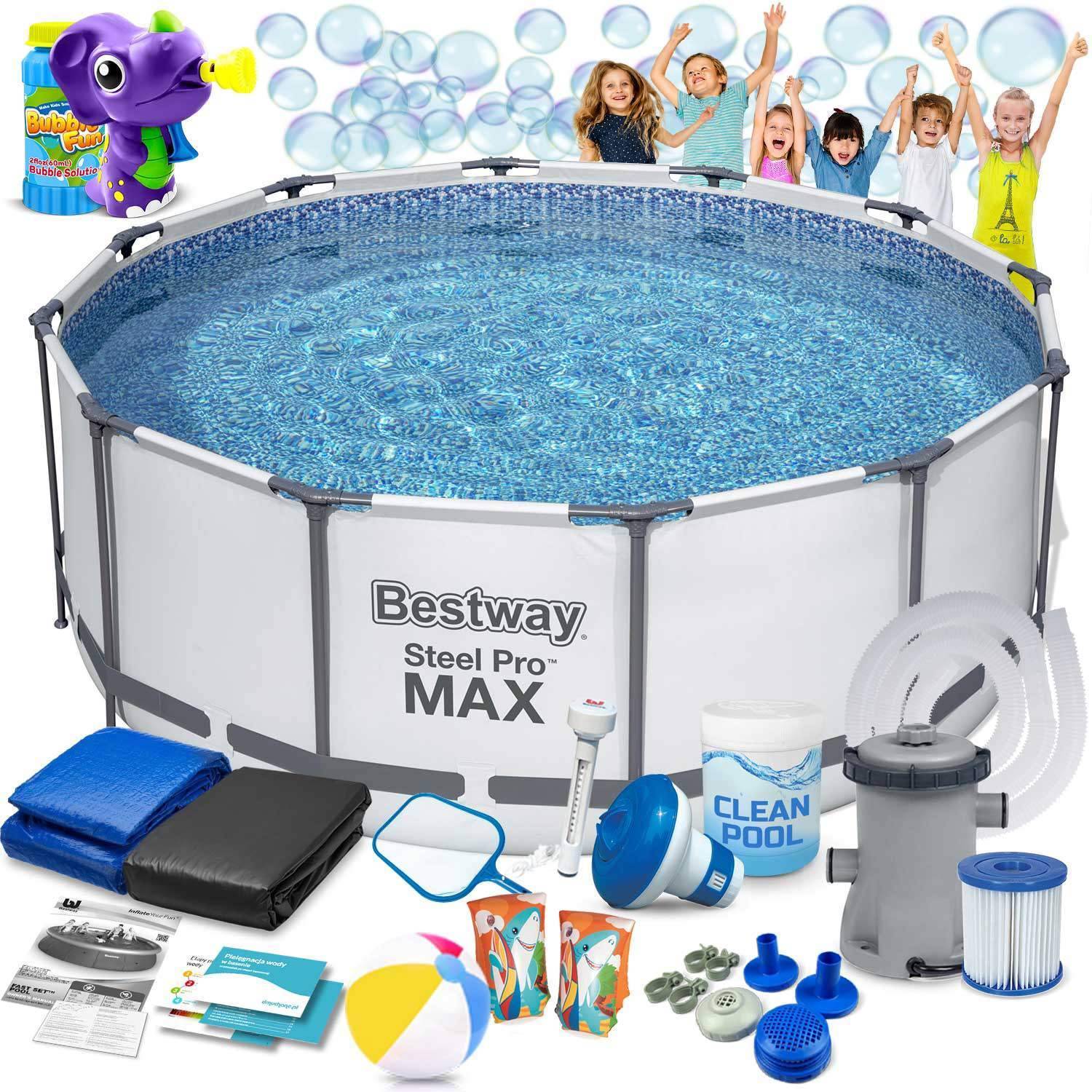 Poolram 427x84 cm – 17-i-1-set med bubbelmaskin
