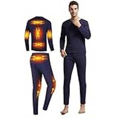 Men's Heated Underwear Thermal Set Fleece Lined Base Layer Long Underwear 8 Areas Heating USB Rechargeable Winter Warm T-Shirt & Pants(Dark Blue,L)