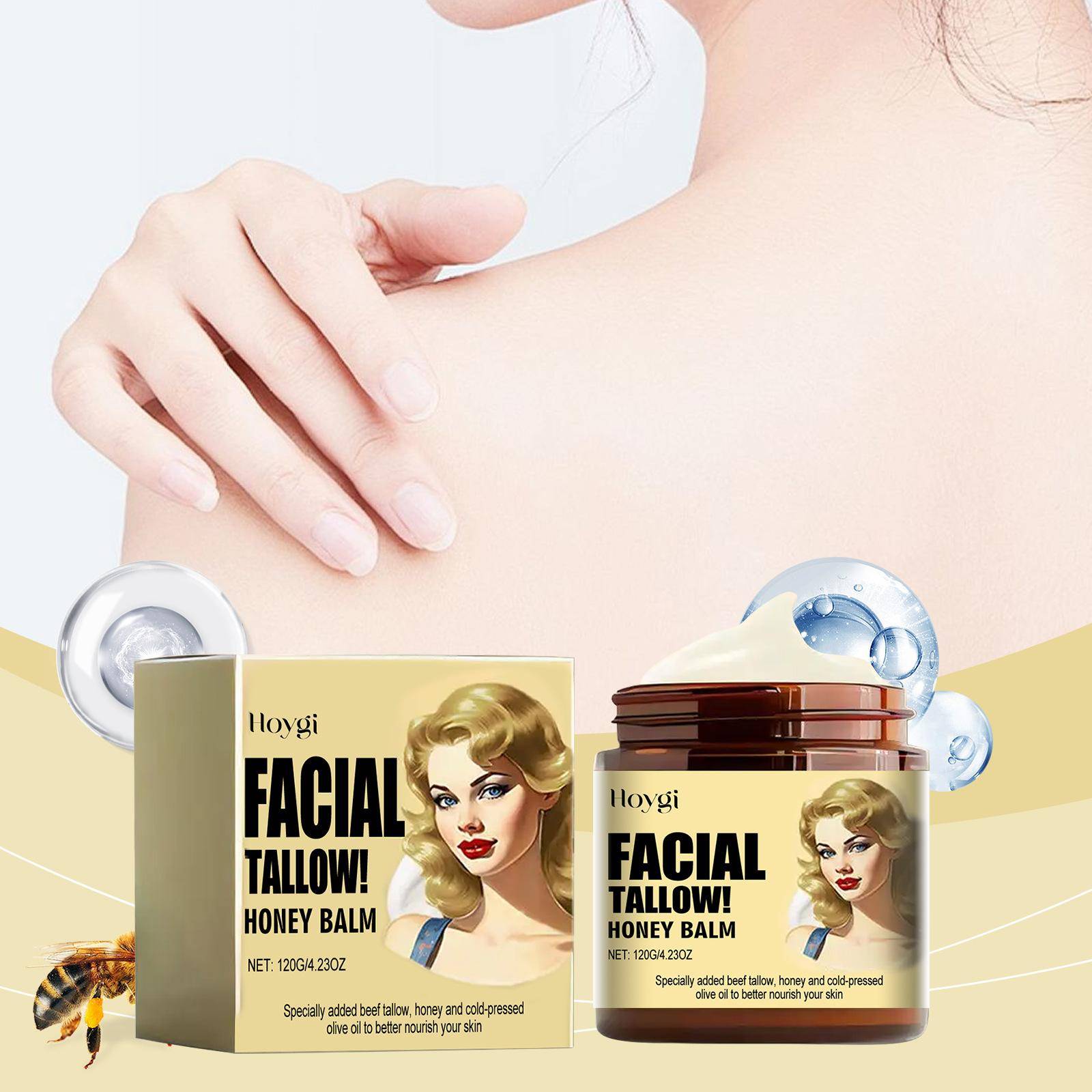 Hoygi Facial Tallow Honey Balm 120g, Deep Hydrating Face & Body Cream, Lock Moisture, Nourish Dry Skin, Gentle Non Greasy Balm for Sensitive Skin