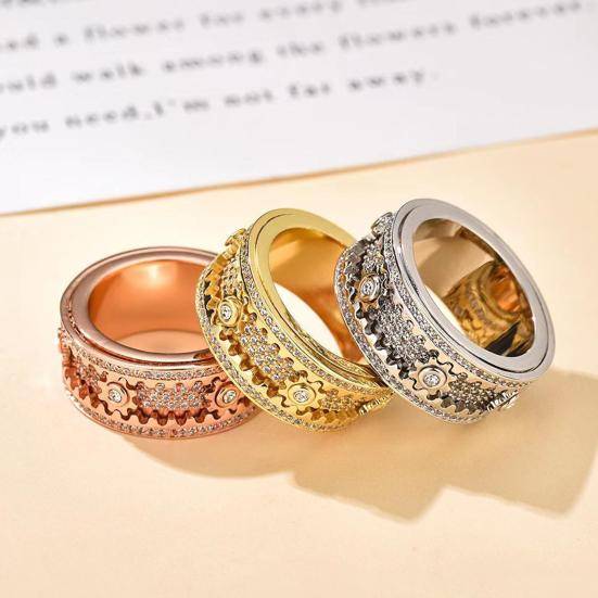 Justerbar Fingerring Anti-Ångest Fidget-ring Rostfritt Stål Kubisk Zirkonia Inlagd Roterande Design Meditationsring rosa guld färg
