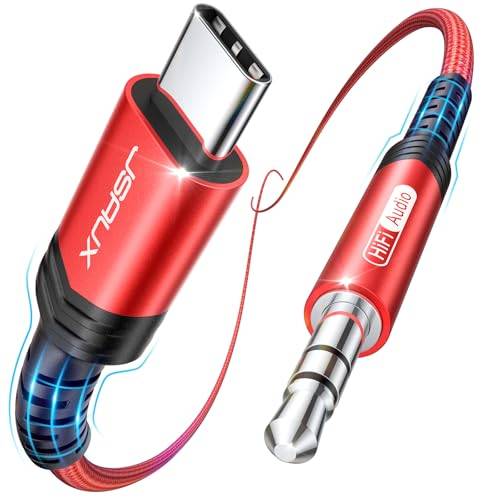 JSAUX USB C till 1 m extra kabel, USB C till 3,5 mm nylonflätad kontakt, kompatibel med iPhone 15 Pro Max/15 Plus, Galaxy S23/S22/S21 Ultra, Huawei P40/Mate40, röd