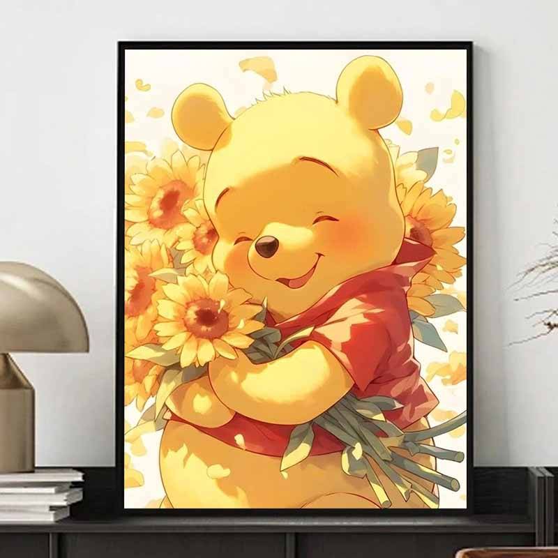 Disney Diamantmålning Set Nalle Puh Håller Blommor Illustration Broderi Väggdekoration DIY Set Gåva Handgjord Kristall 5D Diamant
