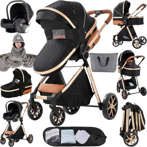 Sianldcone 3-i-1 Trio barnvagn, högkvalitativa tyger, babyvagn, dubbelriktad dragkraft, vändbar, öppen syn (V9 svart)