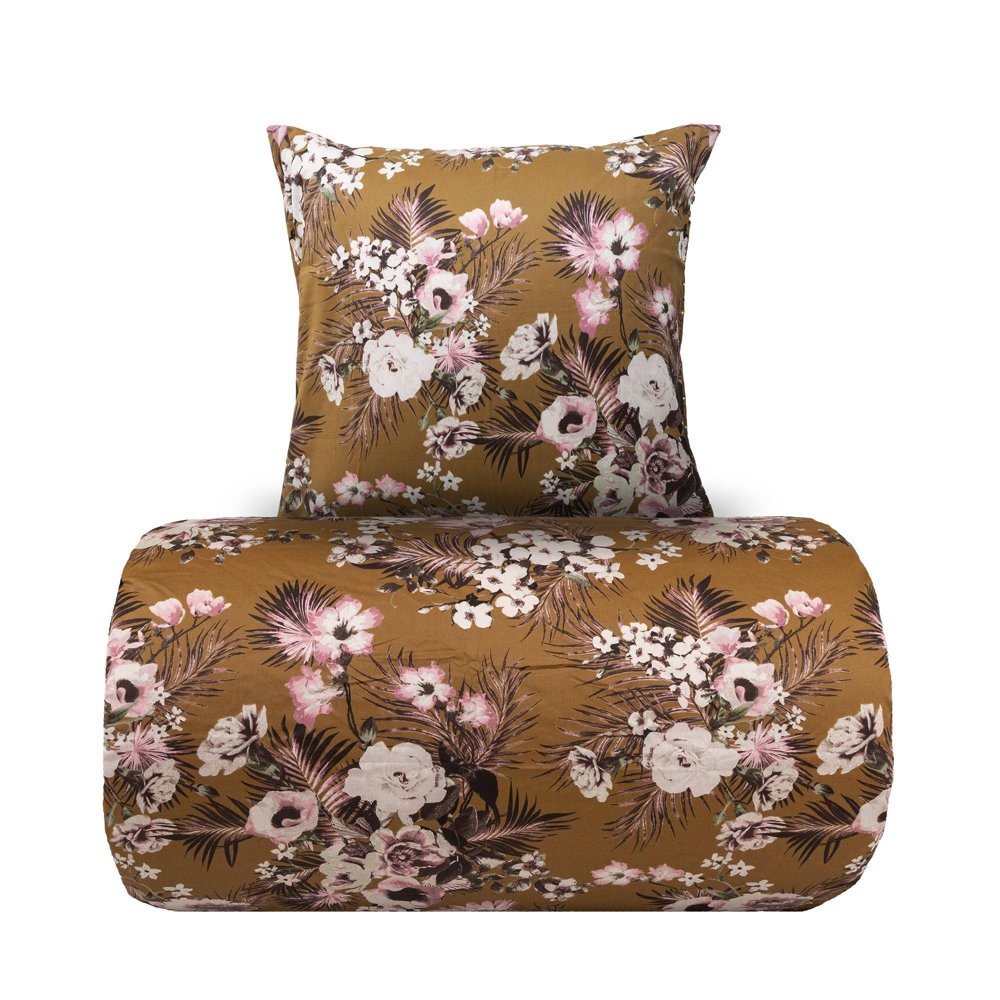 Dobbelt sengetøj 240x220 cm - 100% bomuldssatin - Vendbart karrygult blomster print og prikker