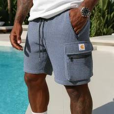 Waffle Plaid Patterned Shorts With Zippered Pockets For Men