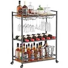 Lifewit Barvagn, 3 hyllplan med låsbara hjul, vinställ och glashållare, serveringsvagn för drinkar och alkohol, hemmabar för kök, matsal vardagsrum, vinvagn 63,2 x 30 x 81,5 cm, Rustikt brun