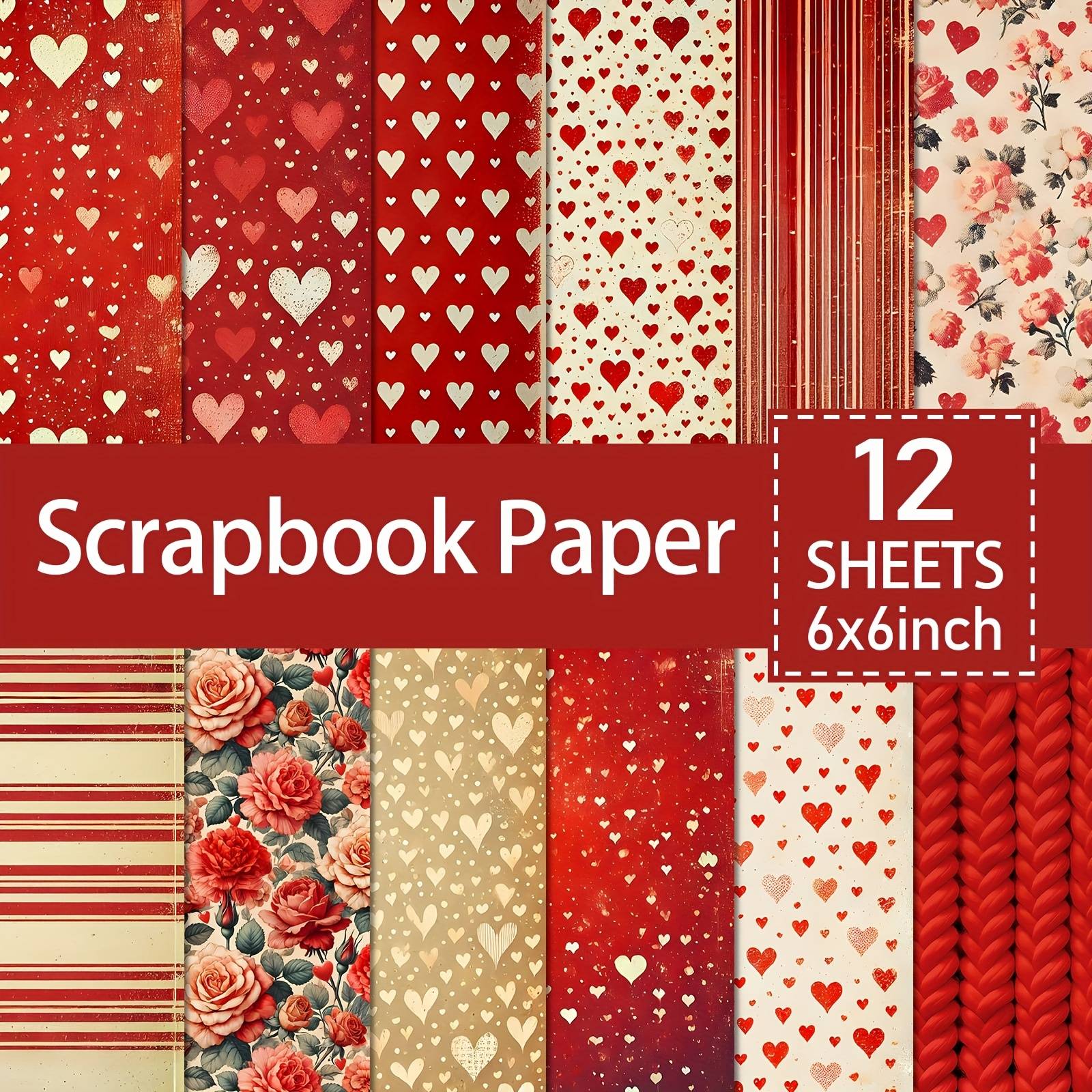 TEMU 12 Sheets Valentine Paper Pad - 6x6 Inch Holiday Craft Cardstock With Heart, Floral & Striped Designs For Diy Card Making, Scrapbooking, And Party Decorations