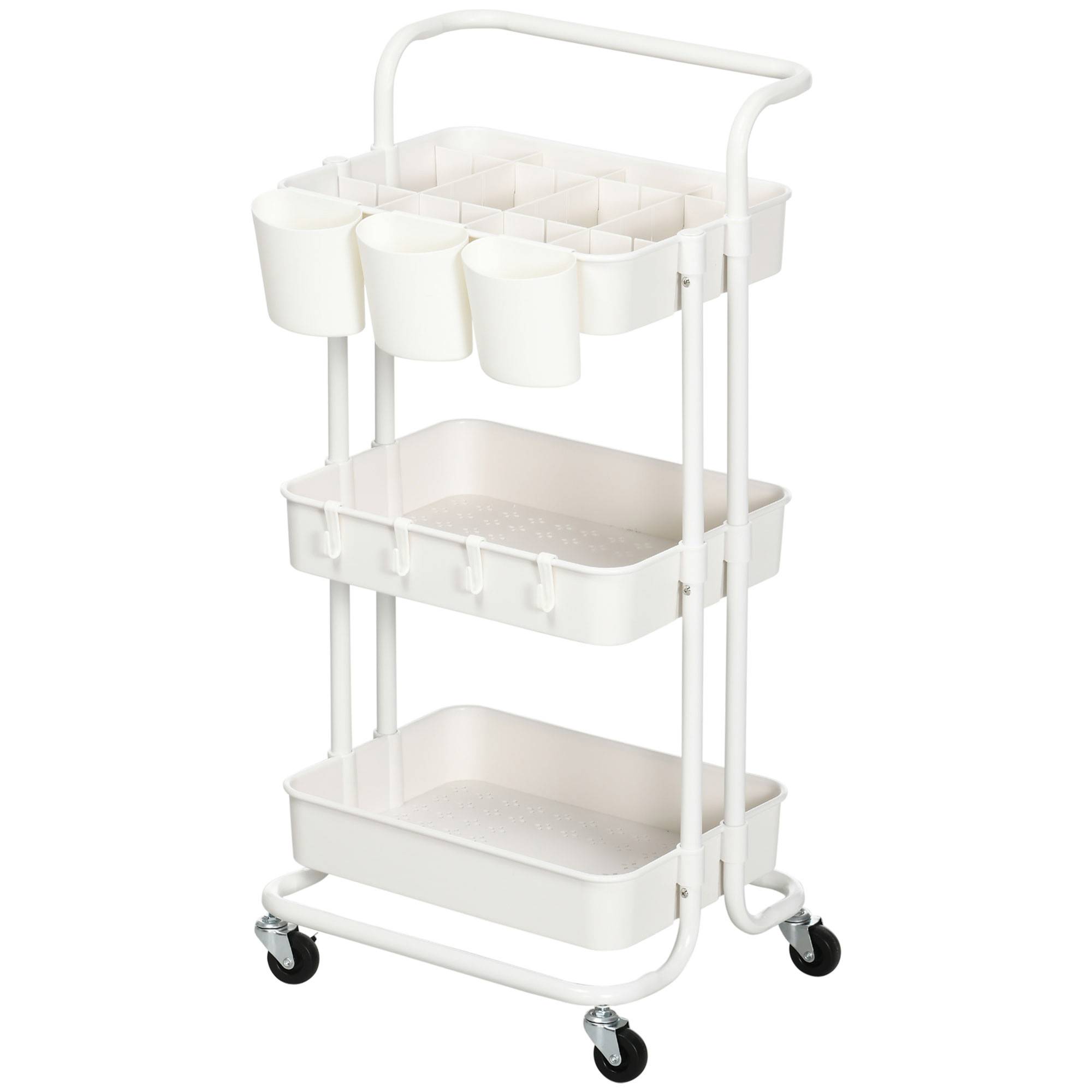 HOMCOM Three-Tier Home Trolley, with Handle and Wheels - White