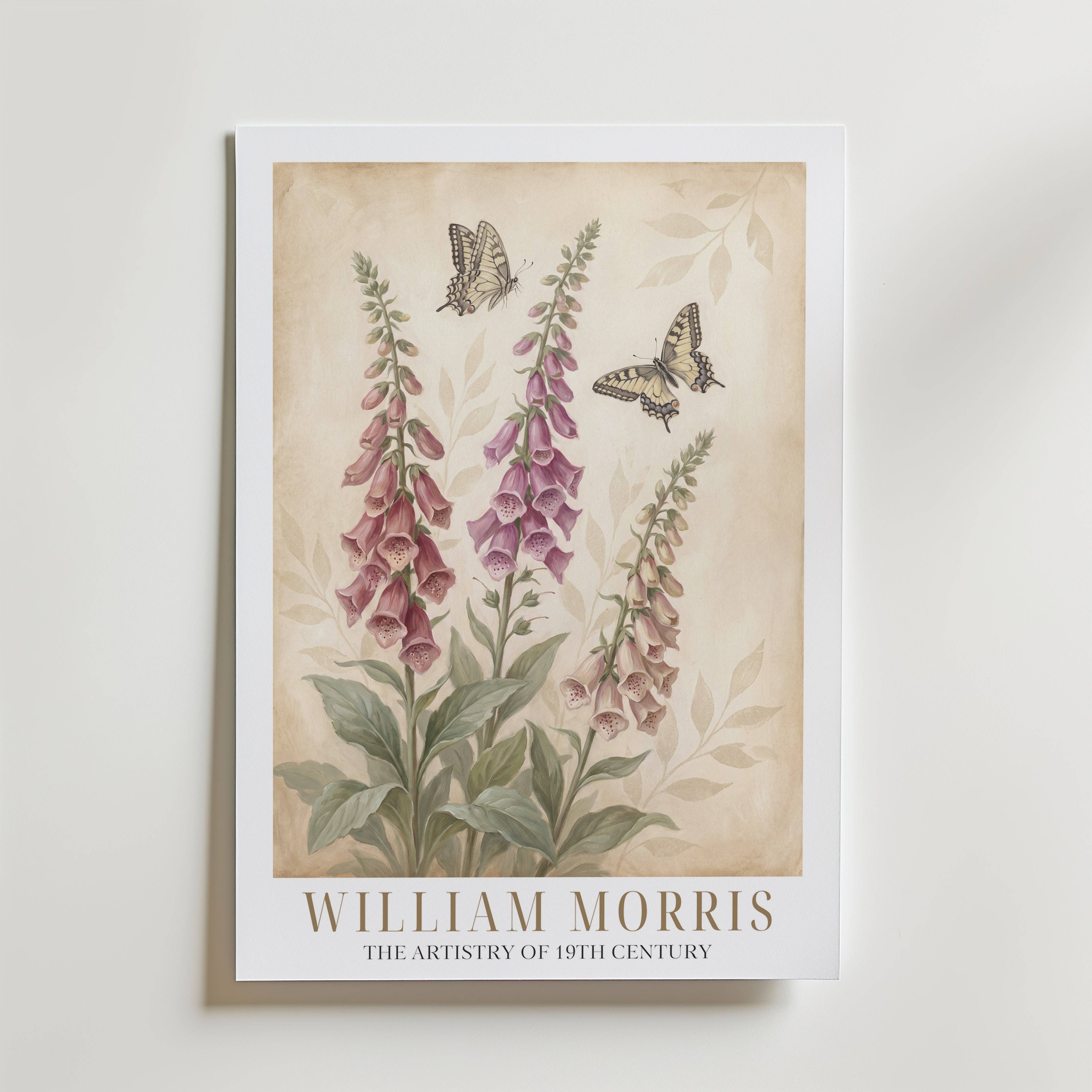 William Morris Foxgloves and Swallowtails Poster - Premium Canvas 30x40 cm Med passepartout