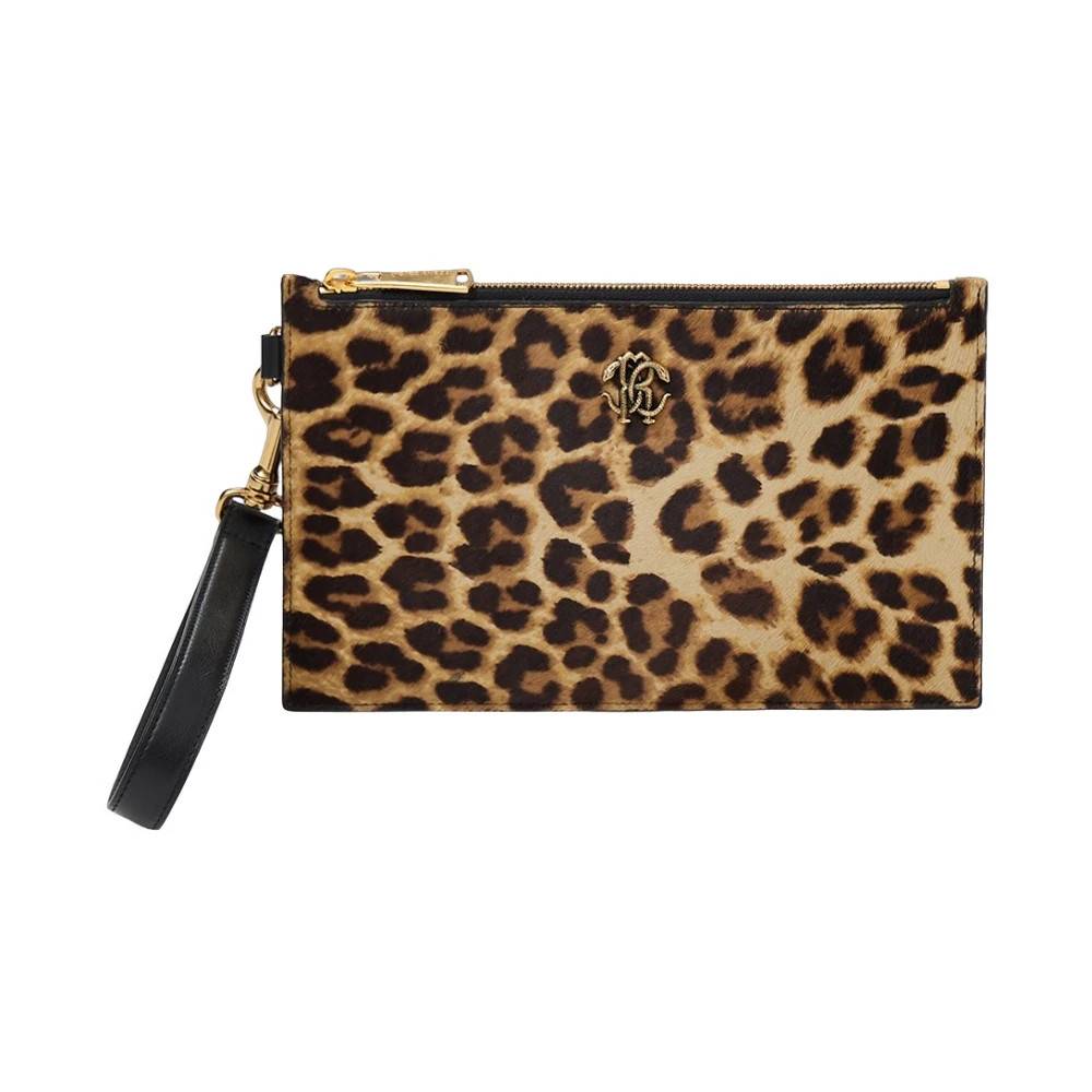 Roberto Cavalli, Accessories , Dame, Brun, ONE SIZE, Uld, Leopard Print Clutch med Metal Logo