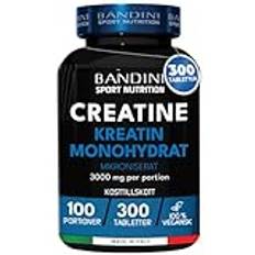 Bandini® Kreatin Monohydrat 3000 mg | 300 Vegansk Kreatin Tabletter 3 Månaders Utbud | Högre Absorption än Kapslar & Pulver | Kosttillskott för Muskeluppbyggnad, Träning, Sport, Fitness