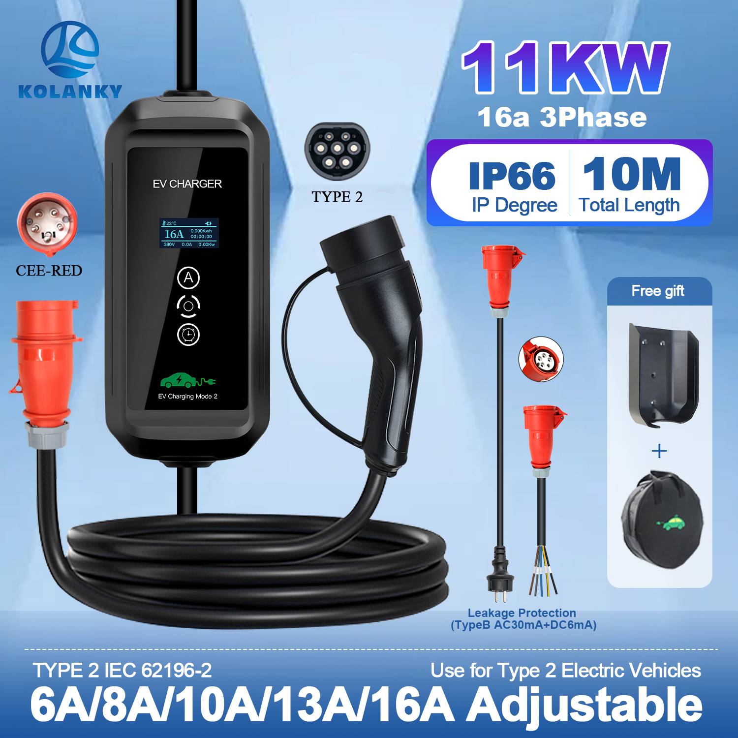 Kolanky 11KW 16A 3P Type 2 Portable EV Charger EVSE Charging Cable 10m Electric Vehicle Car