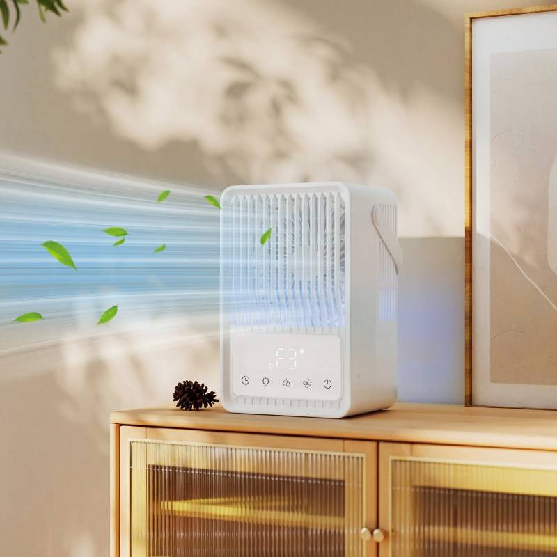 HOMCOM Bærbar Aircondition, 4-i-1 Mini Luftkøler med 3 Vindhastighed, 2 Tågetilstand, 7 Farve RGB-lys, Hvid