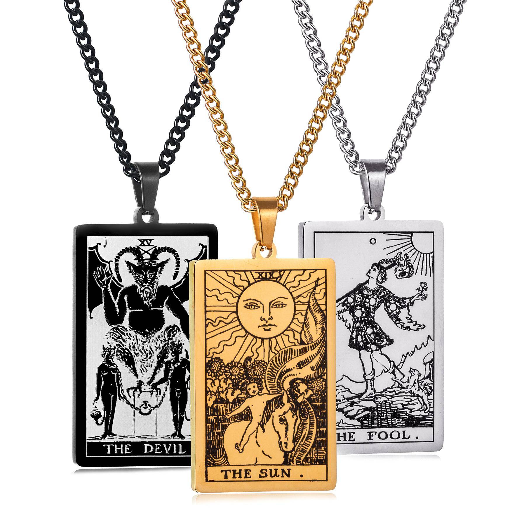 Halsband i rostfritt stål 22 Tarotkort Halsband Personlighet Hänge Hals Smycken för Män/Kvinna Nyaste Design Grossist black