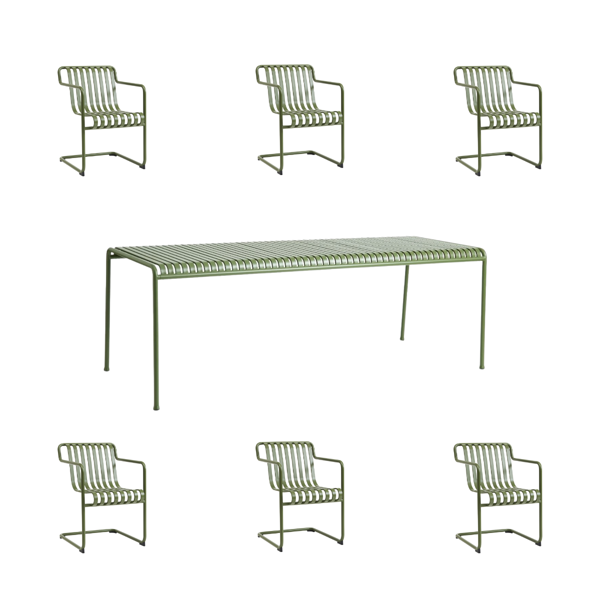 HAY Palissade Sæt Table L220 x 6 Palissade Cantilever Dining Armchair - Olive