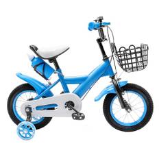 Barncykel, 12 tums cykel, pojkar och flickor, barncykel med stödhjul och förvaringskorg, blå.